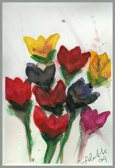 002 Forskellige blomster - Akvarel p� papir 30 x 20 cm - Alettes Maleri (akvarel og akryl)