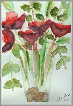 014 Blomster i gr�nt - Akvarel p� papir 30 x 20 cm - Alettes Maleri (akvarel og akryl)