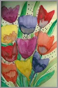 016 Blomster med prikker - Akvarel p� papir 40 x 30 cm - Alettes Maleri (akvarel og akryl)