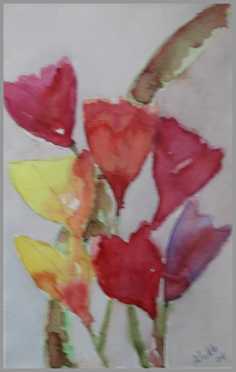 022 Blomster med stort blad - Akvarel p� papir 24 x 15 cm - Alettes Maleri (akvarel og akryl)