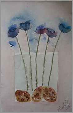 026 Bl� blomster i vase - Akvarel p� papir 26 x 17 cm - Alettes Maleri (akvarel og akryl)