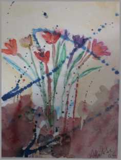034 Blomster med bl� st�nk - Akvarel p� papir 30 x 20 cm - Alettes Maleri (akvarel og akryl)