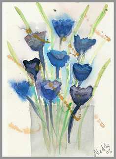 060 Bl� Blomster 23 - Akvarel p� papir 27 x 17 cm - Alettes Maleri (akvarel og akryl)