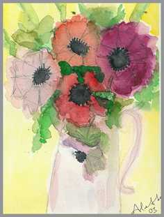 070 Vase med franske valmuer - Akvarel p� papir 27 x 17 cm - Alettes Maleri (akvarel og akryl)